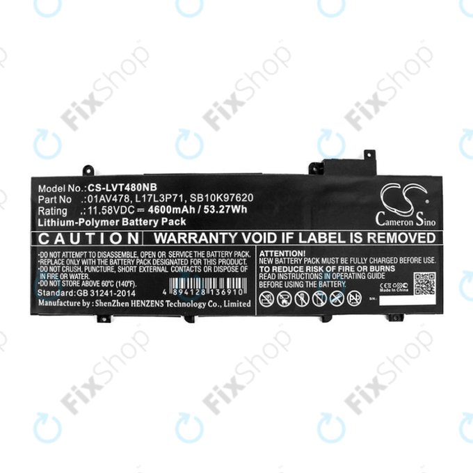 Batterie pour Lenovo ThinkPad T480S, 4600mAh, Li-Pol, 11.58V, 01AV478, HQ