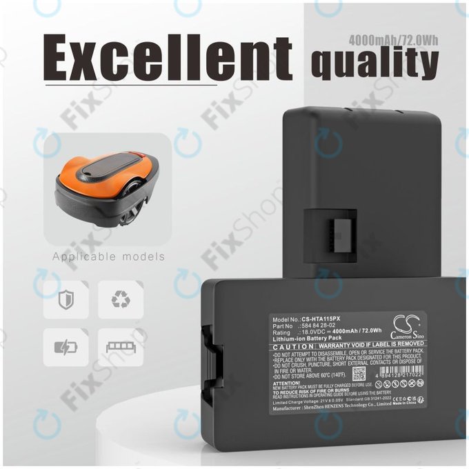 Batterie pour Flymo Easilife 200, Gardena Automower 310, Husqvarna Automower 315X, 4000mAh, Li-Ion, 18.0V, 584 84 28-02, HQ