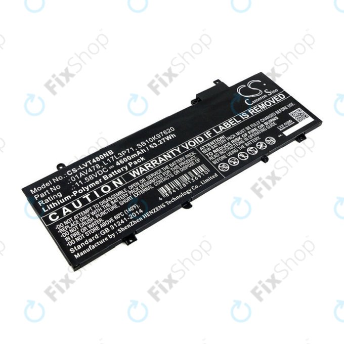 Batterie pour Lenovo ThinkPad T480S, 4600mAh, Li-Pol, 11.58V, 01AV478, HQ