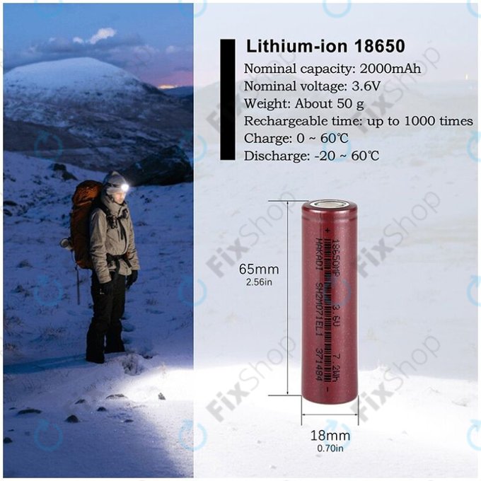 Pile cylindrique au lithium 18650 (Li-Ion, 2000 mAh, 3,6 V)