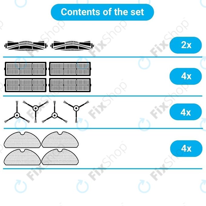 Kit de pièces de rechange pour Xiaomi Roborock S5 Max, S6, S6 MaxV, S6 Pure, Xiaowa E3 (2x Brosse principale, 4x Filtre, 4x Brosse latérale – noire, 4x Chiffon de vadrouille)