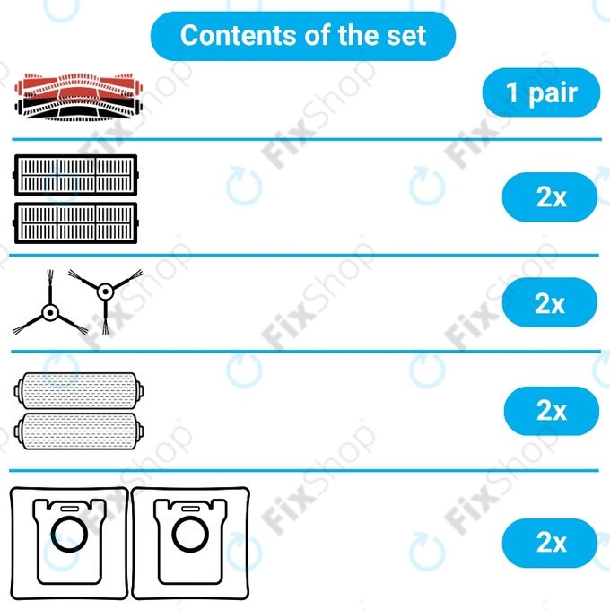 Kit de pièces de rechange pour Dreame Aqua 10, 10 Ultra (1 paire de brosses principales, 2x Filtre, 2x Brosse latérale, 2x Chiffon de vadrouille, 2x Sac à poussière)
