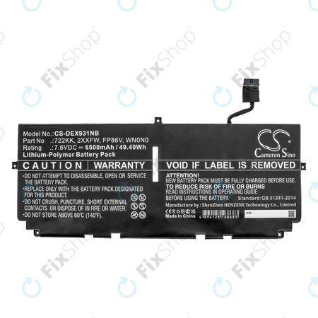 Batterie pour Dell XPS 13 9300, 9380, 9310, 6500mAh, Li-Pol, 7.6V, 2XXFW, HQ