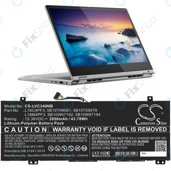 Batterie pour Lenovo Ideapad C340, Ideapad Flex, 2850mAh, Li-Pol, 15.36V, L18C4PF3, HQ