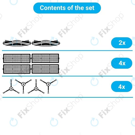 Kit de pièces de rechange pour Xiaomi Viomi Alpha 2 PRO, V5 PRO, V5 (2x Brosses principales, 4x Filtres, 4x Brosses latérales)