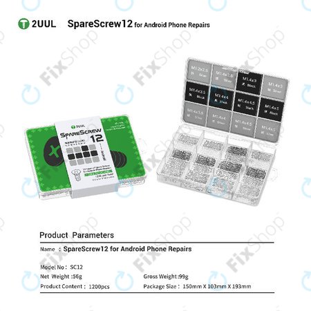 Jeu de vis Phillips pour réparation Android, 2UUL SC12, 1200 pcs/pack