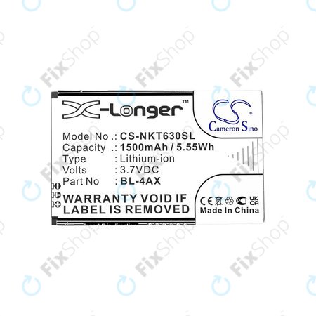 Batterie pour Nokia 6300 4G, Nokia 8000 4G, 1500mAh, Li-Ion, 3.7V, BL-4AX, HQ