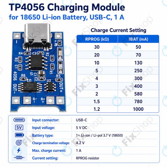Module de charge TP4056 pour batterie Li-ion 18650, USB-C, 1 A