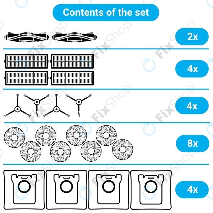 Kit de pièces de rechange pour Ecovacs Deebot T30C Omni (2x Brosse principale, 4x Filtre, 4x Brosse latérale, 8x Chiffon de vadrouille, 4x Sac à poussière)
