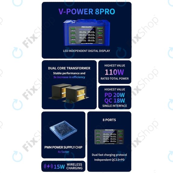 Mechanic V-Power 8 Pro - Station de charge USB avec USB-C, USB 3.0