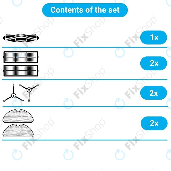 Kit de pièces de rechange pour Xiaomi Mi Robot Vacuum Mop (Mijia 1C), 2 (Mijia 2C) 2 Pro+ (Mijia 1T) (1x Brosse principale, 2x Filtre, 2x Brosse latérale, 2x Chiffon de vadrouille)