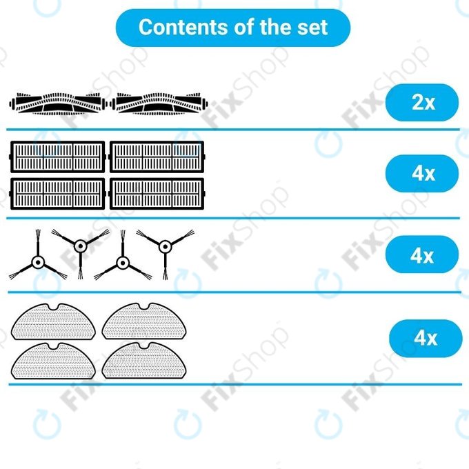 Kit de pièces de rechange pour Xiaomi Viomi V3 MAX (2x Brosses principales, 4x Filtres, 4x Brosses latérales, 4x Lingettes de lavage)