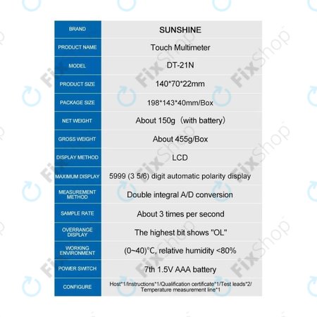 Sunshine DT-21N - Multimètre tactile