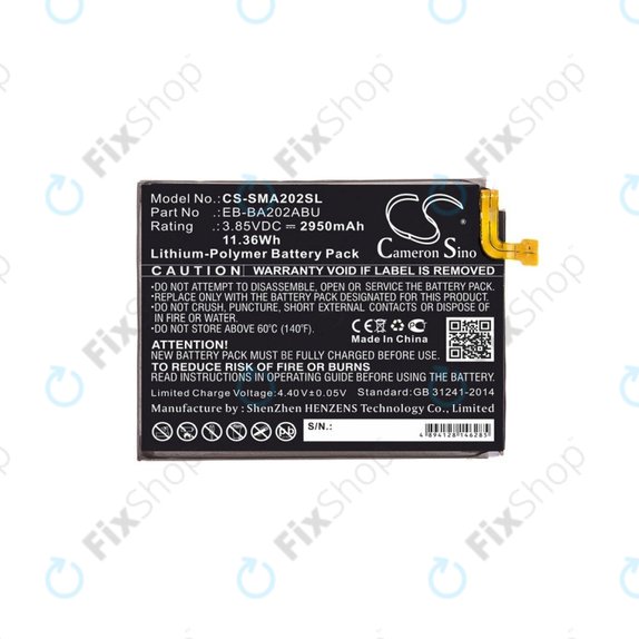 Batterie pour Samsung A10e, A20e A202F, 2950mAh, Li-Pol, 3.85 V, EB-BA202ABU, HQ