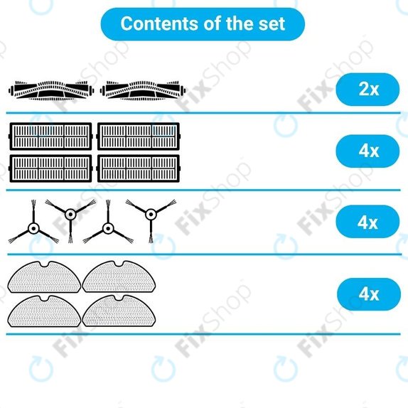 Kit de pièces de rechange pour Xiaomi Roborock S5 Max, S6, S6 MaxV, S6 Pure, Xiaowa E3 (2x Brosse principale, 4x Filtre, 4x Brosse latérale – blanche, 4x Chiffon de vadrouille)