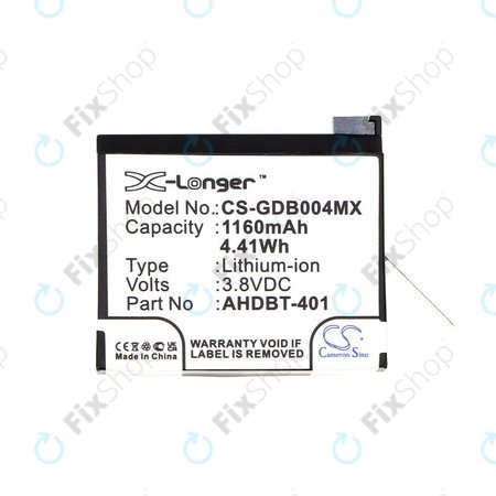 Batterie pour GoPro Hero 4, 1160mAh, Li-Ion, 3.8V, AHDBT-401, HQ