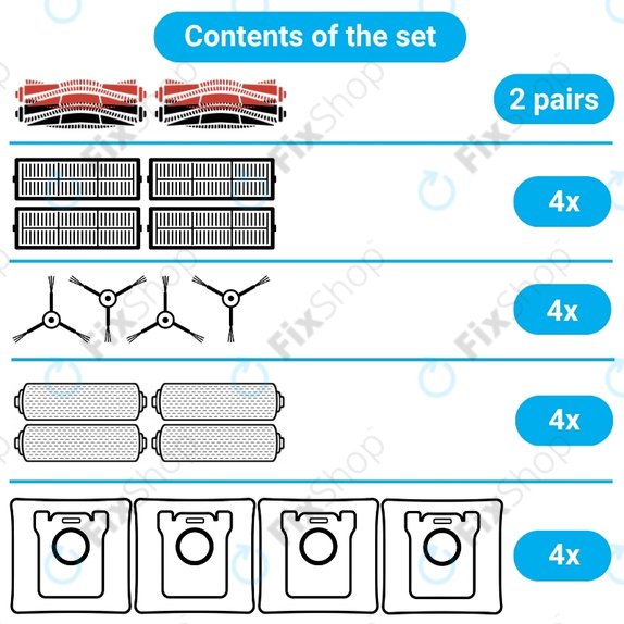 Kit de pièces de rechange pour Mova Z60 Ultra Roller (2 paires de brosses principales, 4x Filtre, 4x Brosse latérale, 4x Chiffon de vadrouille, 4x Sac à poussière)