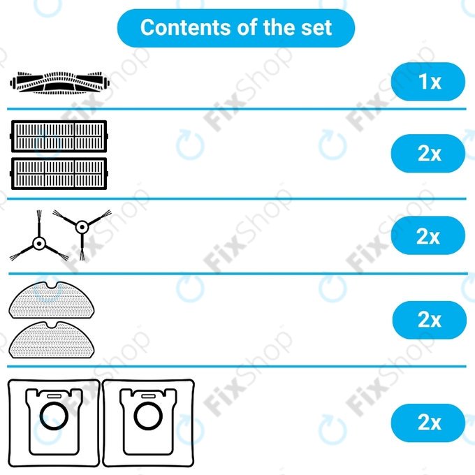 Kit de pièces de rechange pour Xiaomi Roborock Q7+, Q7 Max, Q7 Max+ (1x Brosse principale, 2x Filtre, 2x Brosse latérale – blanche, 2x Chiffon de vadrouille, 2x Sac à poussière)