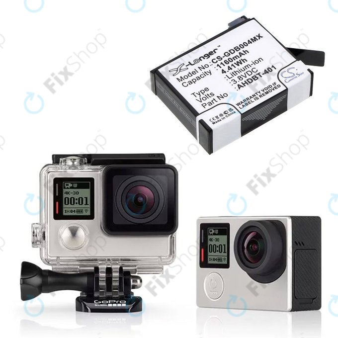 Batterie pour GoPro Hero 4, 1160mAh, Li-Ion, 3.8V, AHDBT-401, HQ