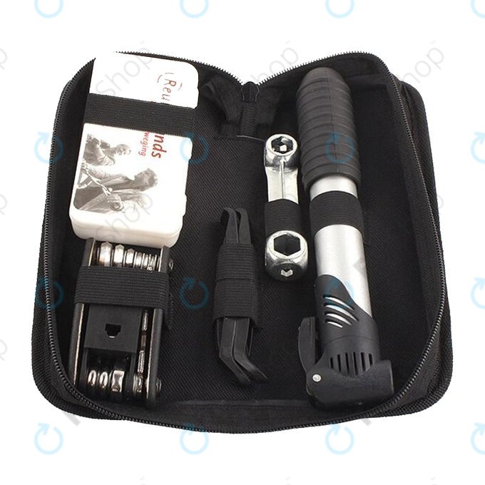 Boîte à outils multifonctionnelle : pompe à air, kit de pneus, clé, pied-de-biche et tournevis 16 en 1.