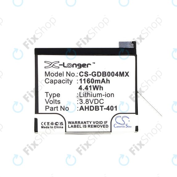 Batterie pour GoPro Hero 4, 1160mAh, Li-Ion, 3.8V, AHDBT-401, HQ