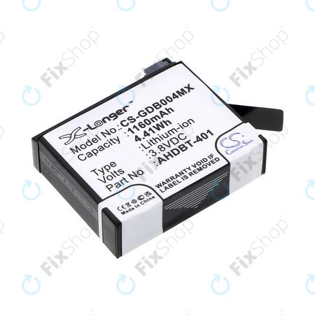 Batterie pour GoPro Hero 4, 1160mAh, Li-Ion, 3.8V, AHDBT-401, HQ