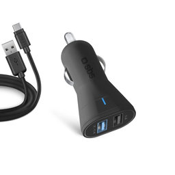 SBS - Chargeur de voiture 2x USB + Câble USB / USB-C, noir