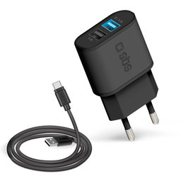 SBS - Adaptateur de charge 10W 2x USB + Câble USB / USB-C, noir