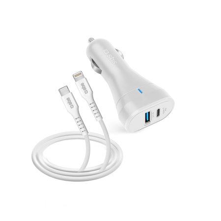 SBS - Chargeur de voiture USB, USB-C + Câble USB-C / Lightning, blanc