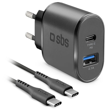 SBS - Adaptateur de charge 18W USB, USB-C + Câble USB-C / USB-C, noir