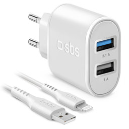 SBS - Adaptateur de charge 10W 2x USB + Câble USB / Lightning, blanc