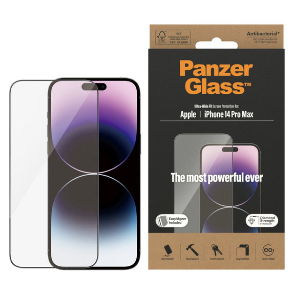 Verre trempé UWF AB avec applicateur pour iPhone 14 Pro Max, Noir, PanzerGlass