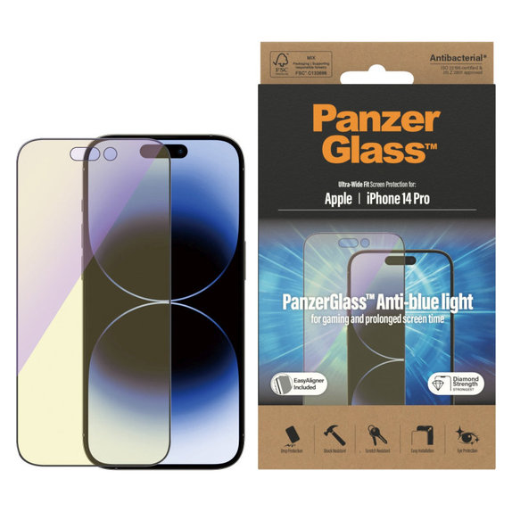 Verre trempé UWF Anti-Bluelight AB avec applicateur pour iPhone 14 Pro, Noir, PanzerGlass