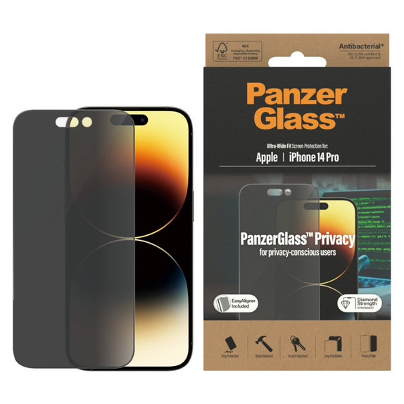 Verre trempé UWF Privacy AB avec applicateur pour iPhone 14 Pro, Noir, PanzerGlass