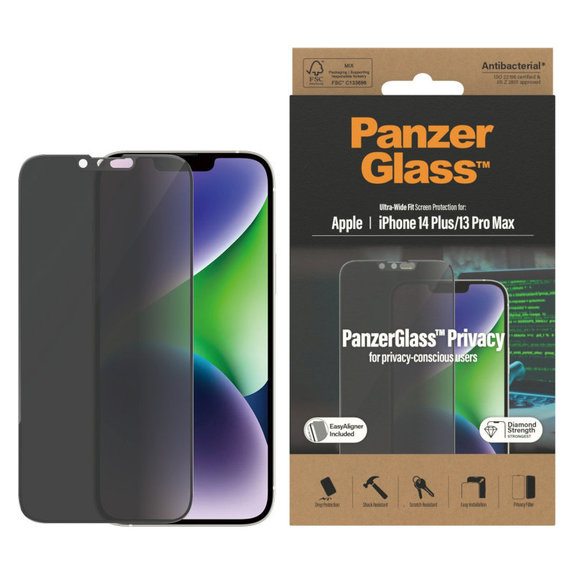 Verre trempé UWF Privacy AB avec applicateur pour iPhone 14 Plus/13 Pro Max, Noir, PanzerGlass