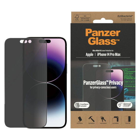 Verre trempé UWF Privacy AB avec applicateur pour iPhone 14 Pro Max, Noir, PanzerGlass