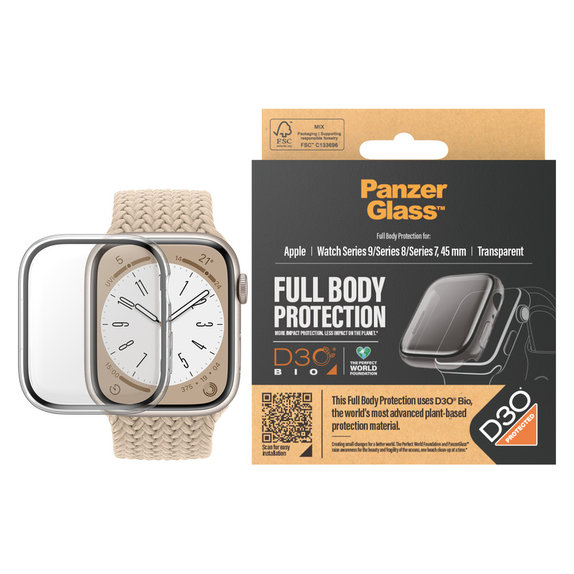 Verre trempé Full Body D3O pour Apple Watch 9/8/7 45 mm, Transparent, PanzerGlass