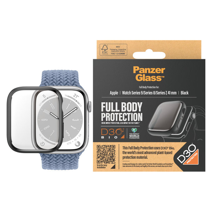 Verre trempé Full Body D3O pour Apple Watch 9/8/7 41 mm, Noir, PanzerGlass