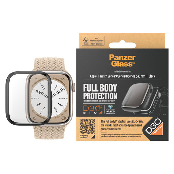 Verre trempé Full Body D3O pour Apple Watch 9/8/7 45 mm, Noir, PanzerGlass