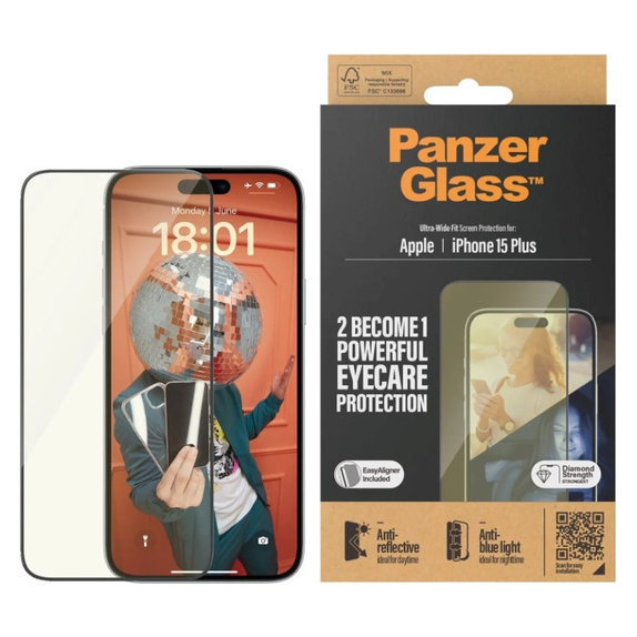 Verre trempé UWF Eyecare avec applicateur pour iPhone 15 Plus, Noir, PanzerGlass