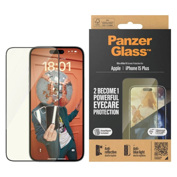 Verre trempé UWF Eyecare avec applicateur pour iPhone 15 Plus, Noir, PanzerGlass