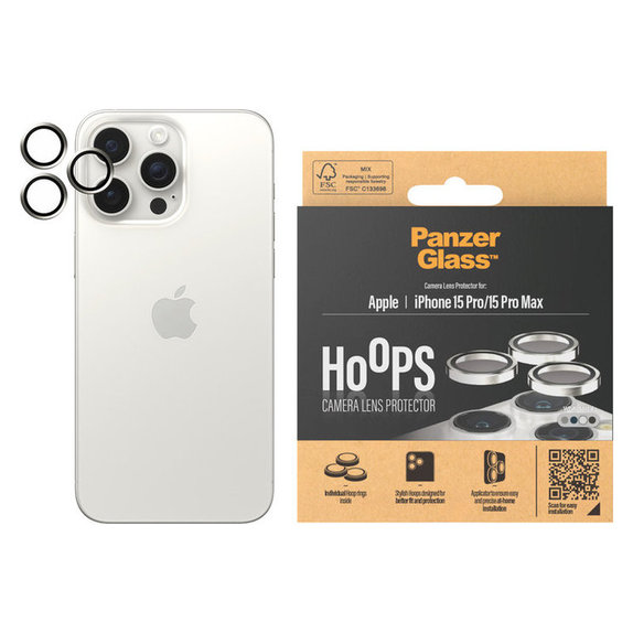 Protection d'objectif de caméra Hoops pour iPhone 15 Pro/15 Pro Max, White Metal, PanzerGlass