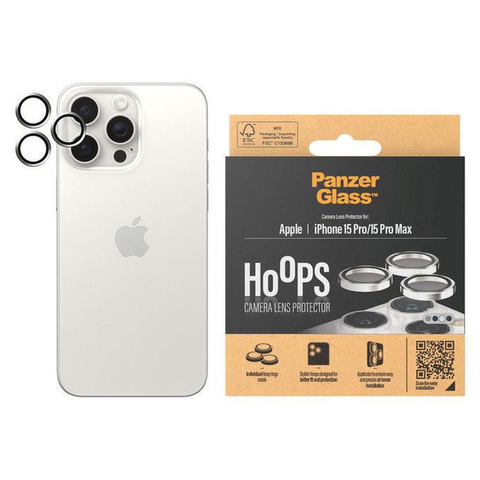 Protection d'objectif de caméra Hoops pour iPhone 15 Pro/15 Pro Max, White Metal, PanzerGlass
