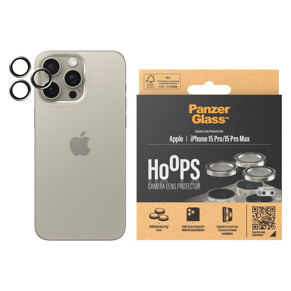 Protection d'objectif de caméra Hoops pour iPhone 15 Pro/15 Pro Max, Natural Metal, PanzerGlass