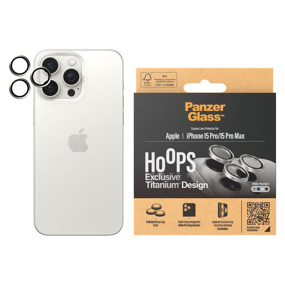 Protection d'objectif de caméra Hoops pour iPhone 15 Pro/15 Pro Max, White Titanium, PanzerGlass