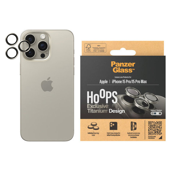 Protection d'objectif de caméra Hoops pour iPhone 15 Pro/15 Pro Max, Natural Titanium, PanzerGlass