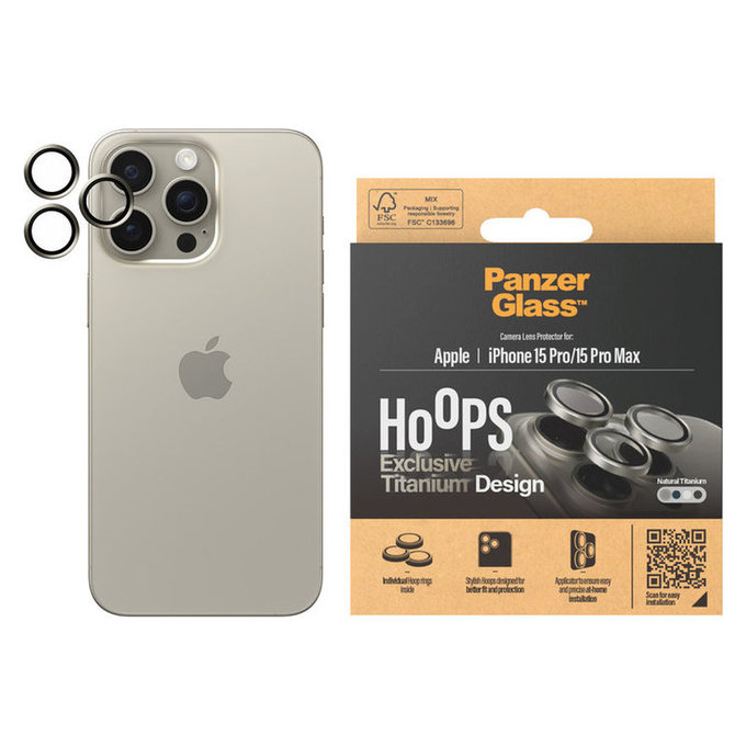 Protection d'objectif de caméra Hoops pour iPhone 15 Pro/15 Pro Max, Natural Titanium, PanzerGlass