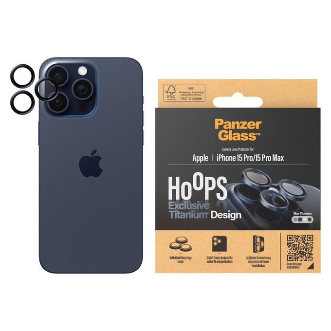 Protection d'objectif de caméra Hoops pour iPhone 15 Pro/15 Pro Max, Blue Titanium, PanzerGlass