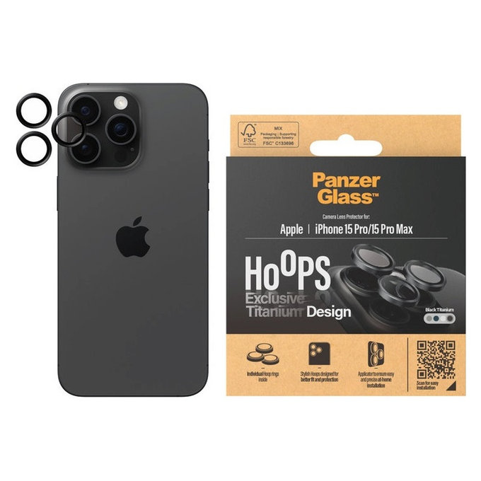 Protection d'objectif de caméra Hoops pour iPhone 15 Pro/15 Pro Max, Black Titanium, PanzerGlass
