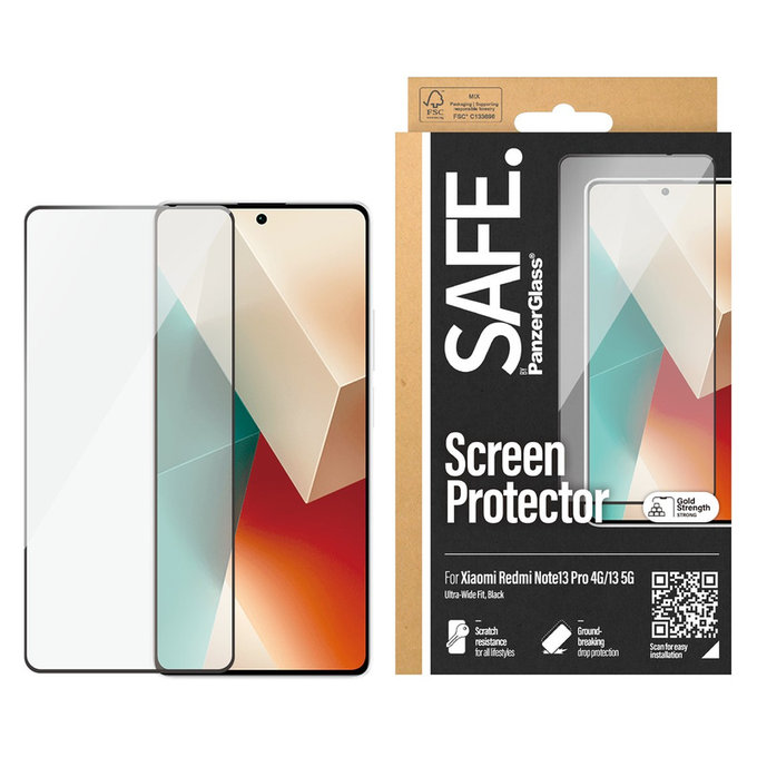 Verre trempé UWF pour Xiaomi Redmi Note 13 4G, Noir, SAFE by PanzerGlass